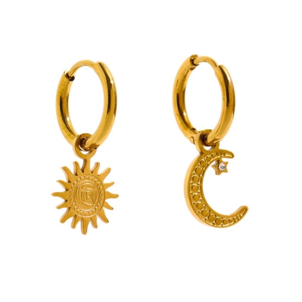 New 18K Gold Plated Diamond Moon Star Huggie Hoop Earrings - Picture 5 of 9